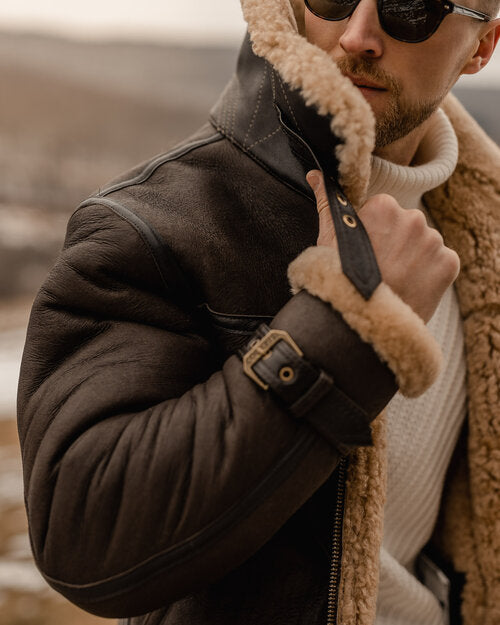 Men's Genuine Brown B3 Flying Aviator Shearling Leather Long Fur Belted Jacket Coat