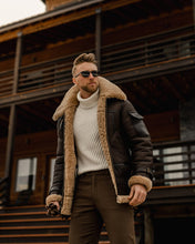 Load image into Gallery viewer, Men&#39;s Genuine Brown B3 Flying Aviator Shearling Leather Long Fur Belted Jacket Coat
