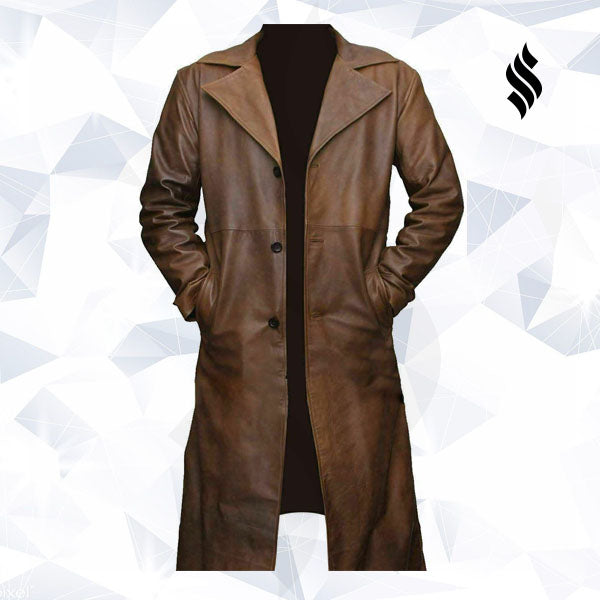 Men's Brown Leather Trench Coat Real Lambskin Leather - Shearling leather