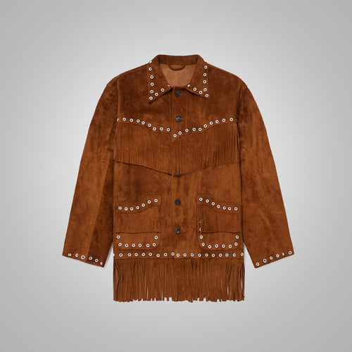 Men's Brown Suede Leather Cowboy Jacket with Fringes