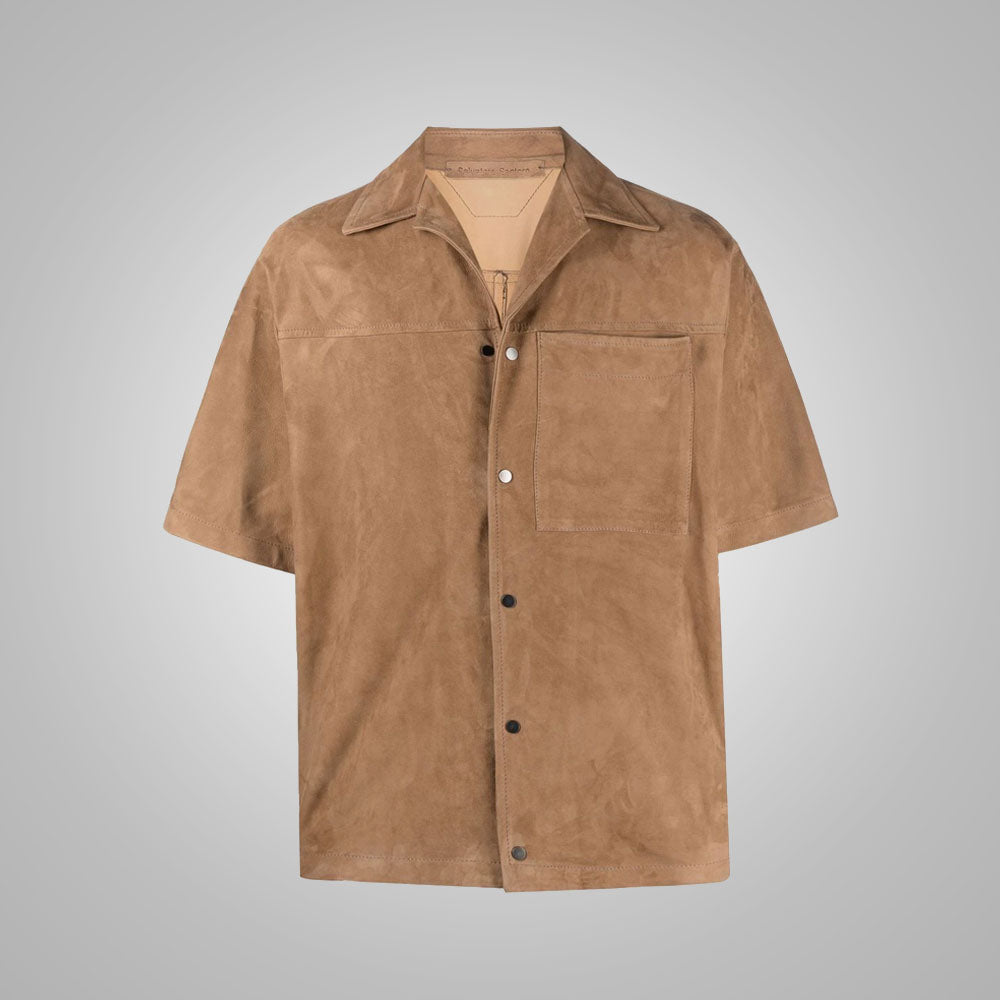 Men's Brown Suede Leather Half Sleeves Shirt