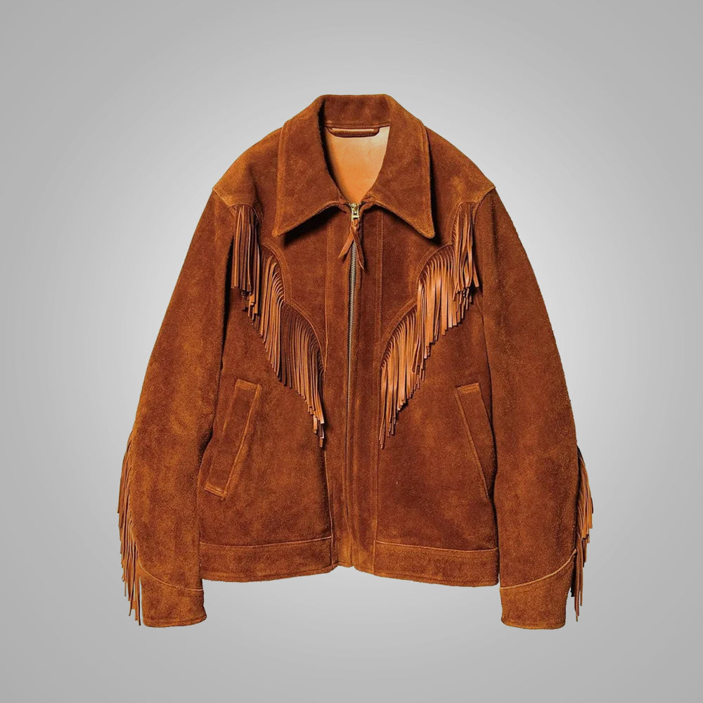 Men's Brown Suede Leather Western Cowboy Fringe Jacket