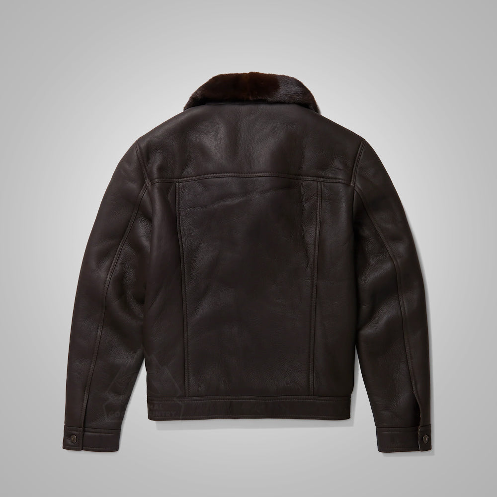 Men's Dark Brown Sheepskin Flying Plain Trucker Jacket