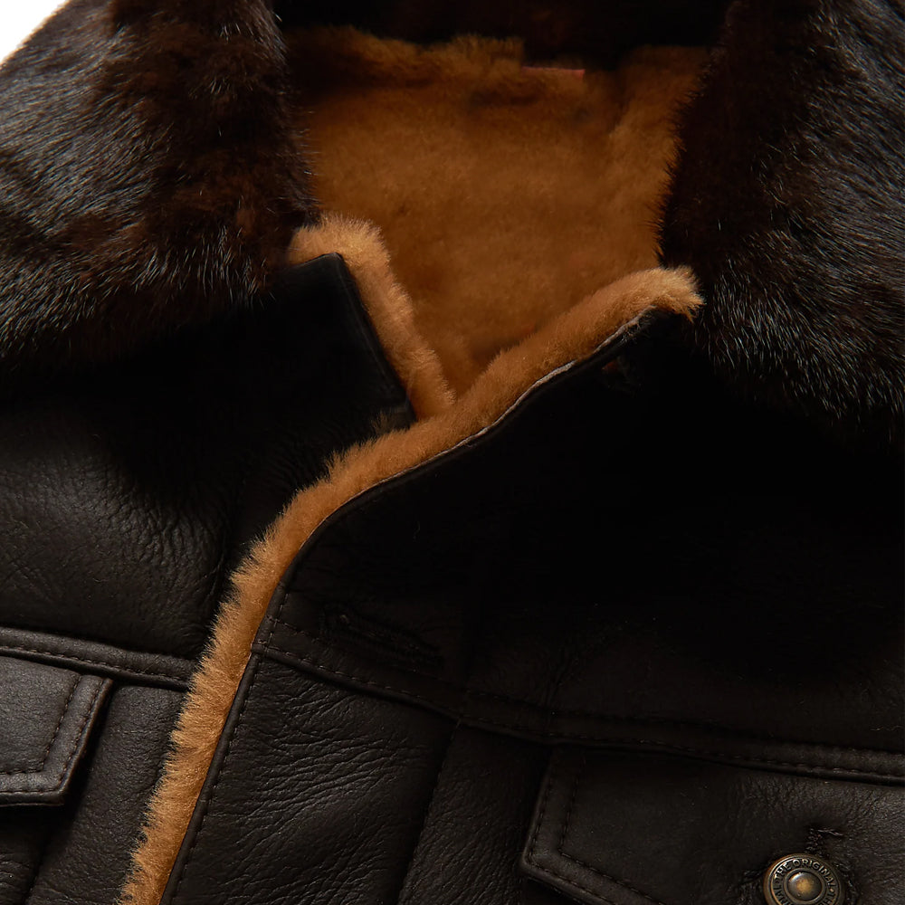 Men's Dark Brown Sheepskin Flying Plain Trucker Jacket