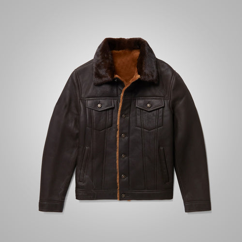 Men's Dark Brown Sheepskin Flying Plain Trucker Jacket