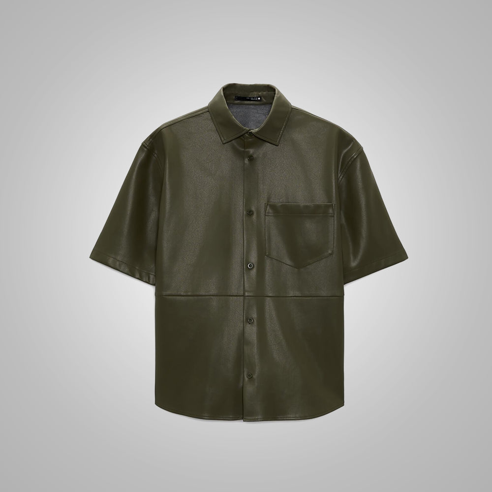 Men's Dark Green Half Sleeves Leather Shirt