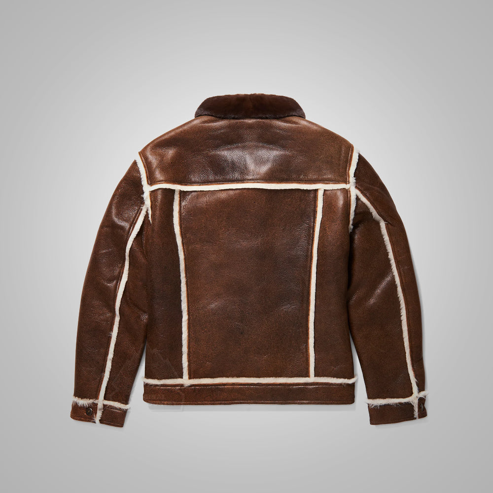 Men's Distressed Brown Sheepskin Flying Trucker Jacket