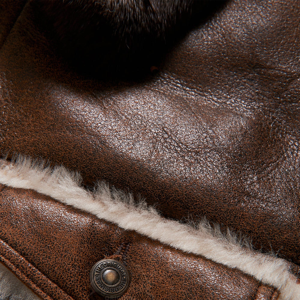Men's Distressed Brown Sheepskin Flying Trucker Jacket