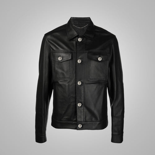 Men's Dotted Pattern Full Sleeves Black Leather Shirt