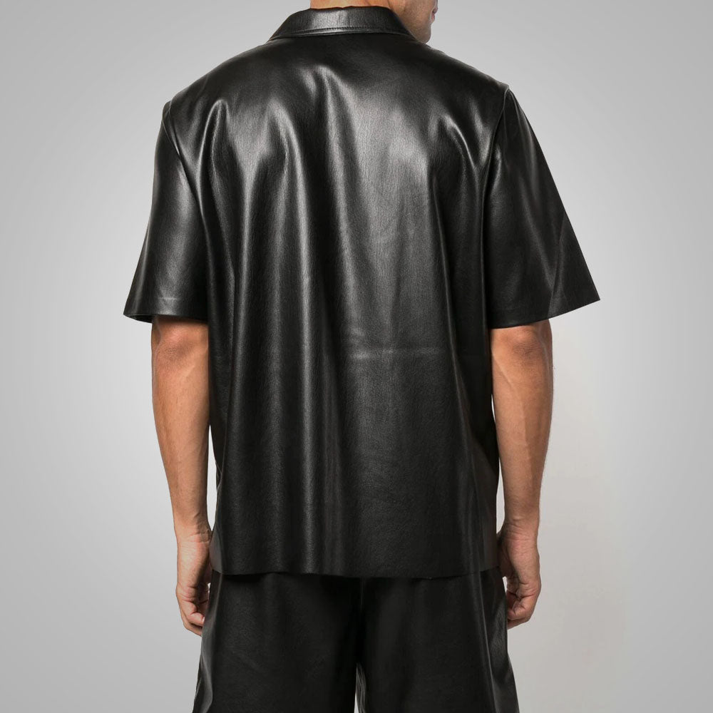 Men's Soft Lambskin popular Leather Black Shirt Loose Fit, Half Sleeves Beautiful Look Real Sheep Leather