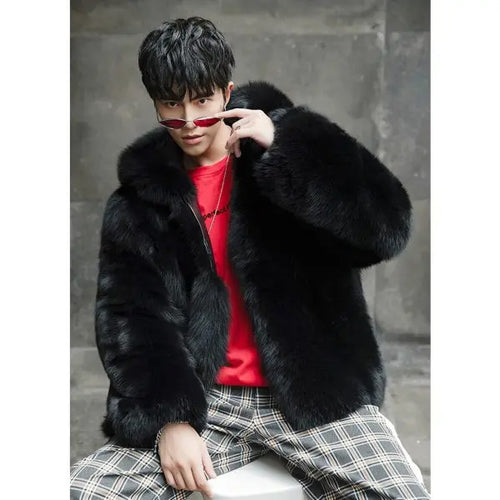 Men’s Black Mink Short Fox Fur Hooded Coat Jacket