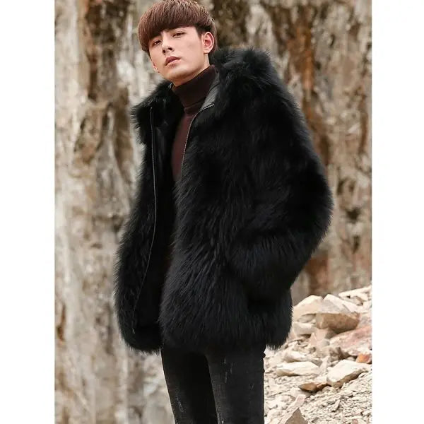 Men’s Black Winter Fox Fur Hooded Short Coat Jacket