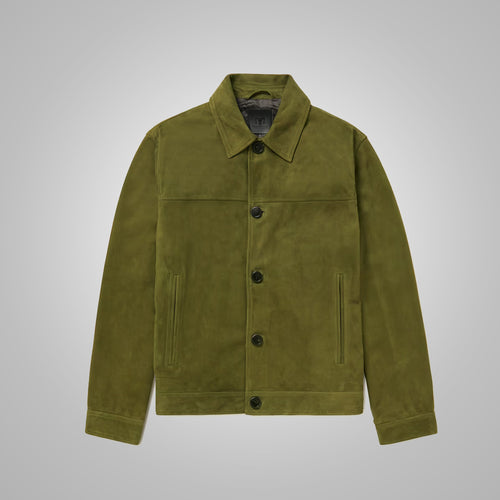 Men's Green Suede Leather Trucker Jacket