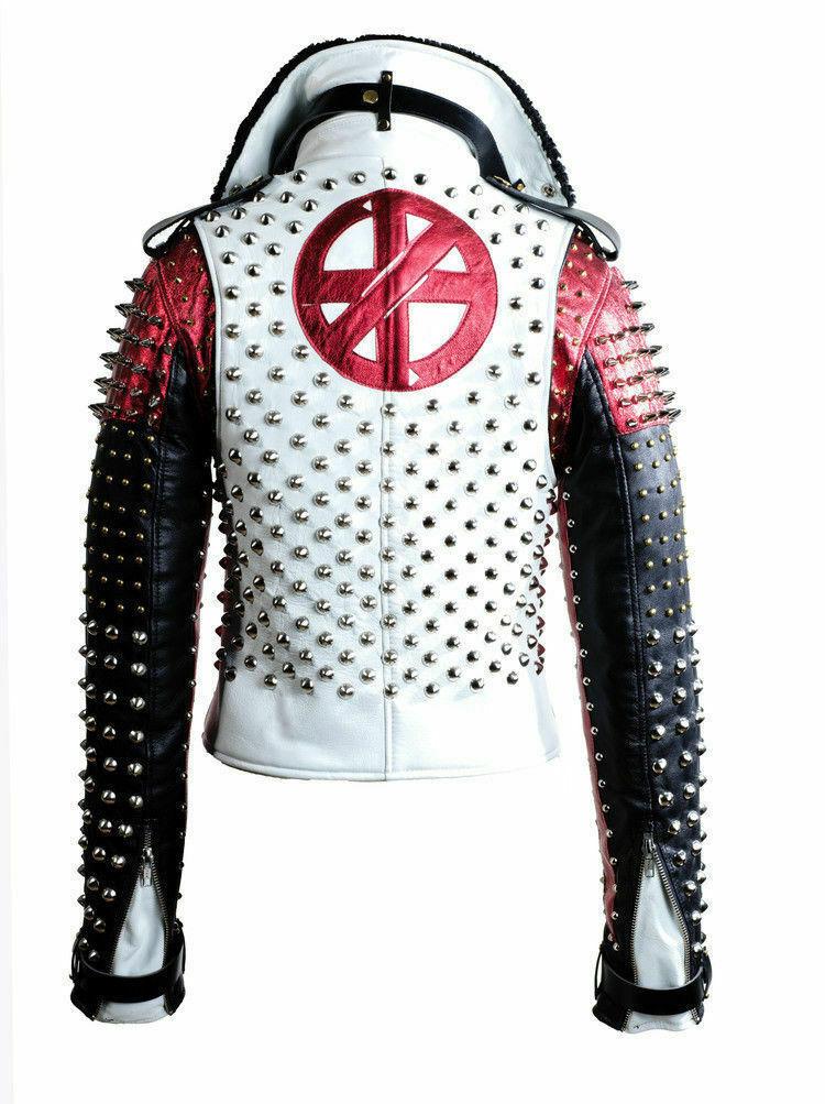 Men's Handmade Victor Luna White Black Studded Rock Punk Genuine Leather Jacket - Shearling leather
