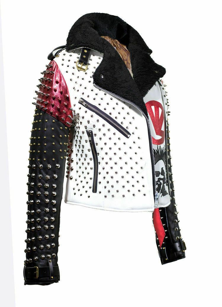 Men's Handmade Victor Luna White Black Studded Rock Punk Genuine Leather Jacket - Shearling leather