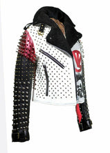 Load image into Gallery viewer, Men&#39;s Handmade Victor Luna White Black Studded Rock Punk Genuine Leather Jacket - Shearling leather
