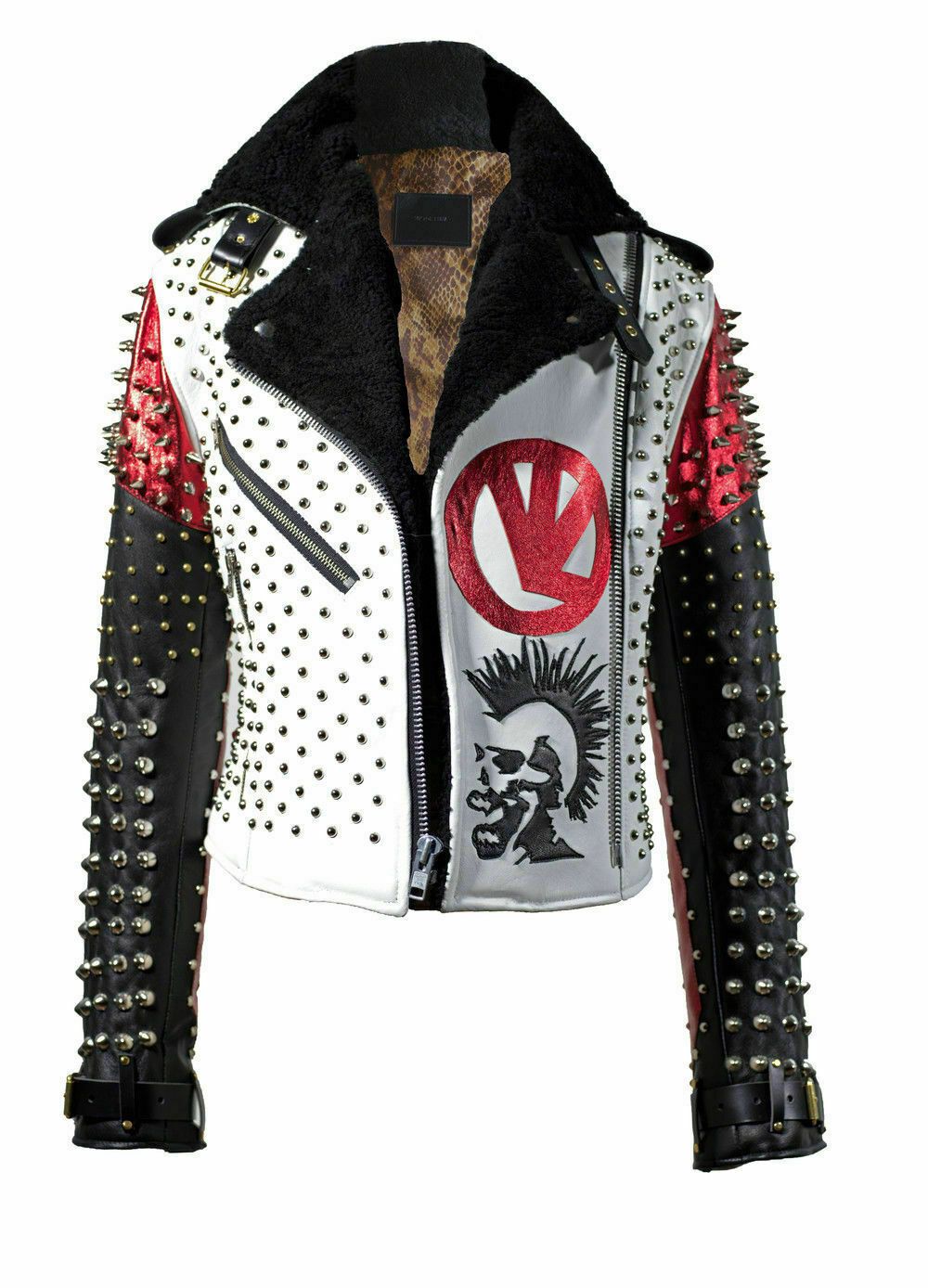 Men's Handmade Victor Luna White Black Studded Rock Punk Genuine Leather Jacket - Shearling leather