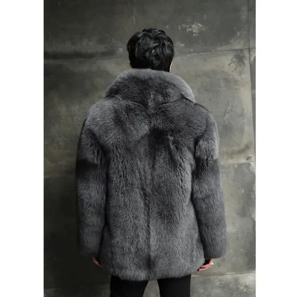 Men’s Luxury Black Winter Fox Fur Hooded Short Coat Jacket