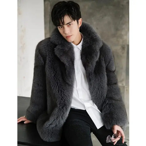 Men’s Luxury Black Winter Fox Fur Hooded Short Coat Jacket