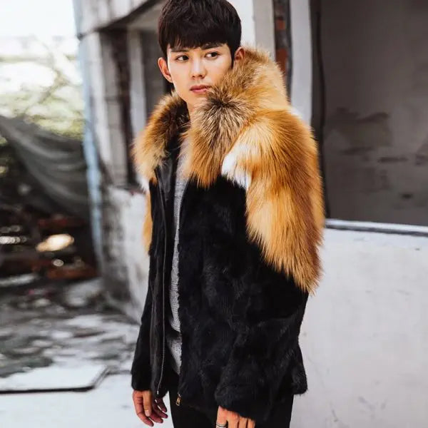 Men's Winter fox fur mink hooded fur coat Jacket - Leather Fur Jacket