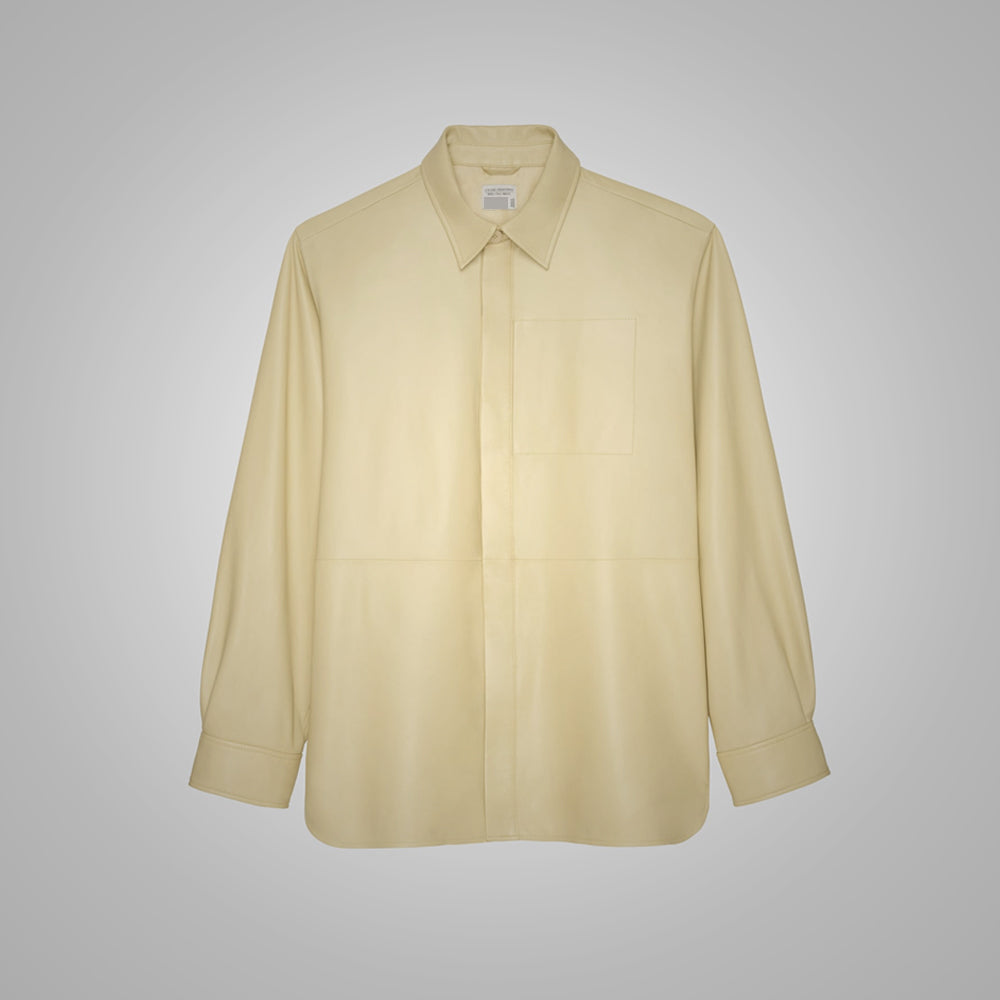 Men's Off White Full Sleeves Normal Fit Leather Shirt