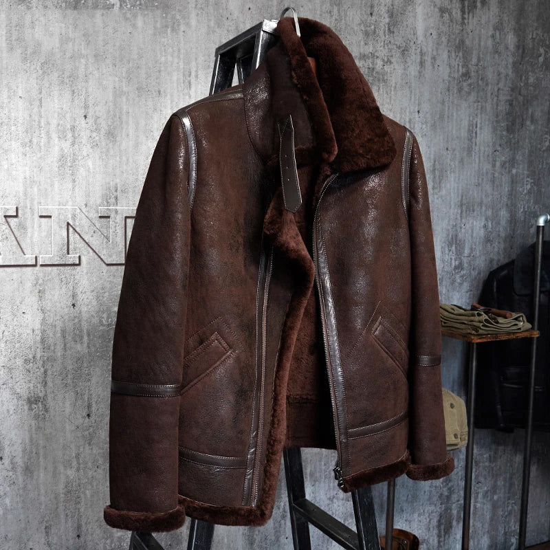 Men's Shearling Leather Jacket Dark Brown B3 Jacket Original Flying Jacket Men's Fur Coat Aviation Leathercraft Pilots Coat