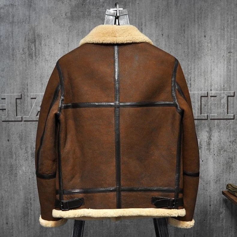Men's Shearling Leather Jacket Dark Brown B3 Jacket Original Flying Jacket Men's Fur Coat Aviation Leather-craft Pilots Coat