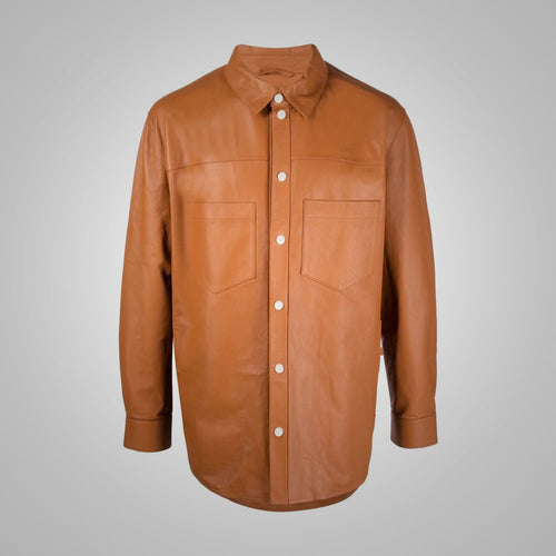 Men's Snap Button Closure Brown Leather Shirt