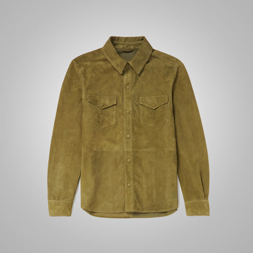Men's Suede Green Full Sleeves Leather Shirt