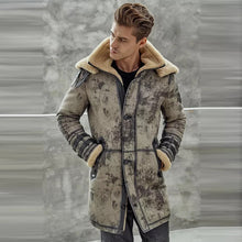 Load image into Gallery viewer, Men&#39;s Waxed B3 RAF Flying Double Collar Sheepskin Shearling Leather Long Jacket Coat
