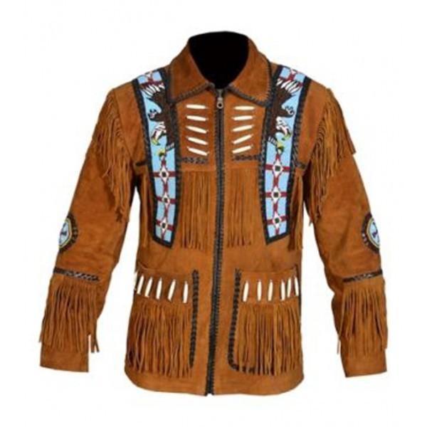 Men's Brown Cowboy Genuine Suede Jacket, Cowboy Suede Jacket With Fringes - Shearling leather