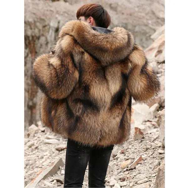 Men’s Luxury Golden Winter Fox Fur Hooded Short Coat Jacket