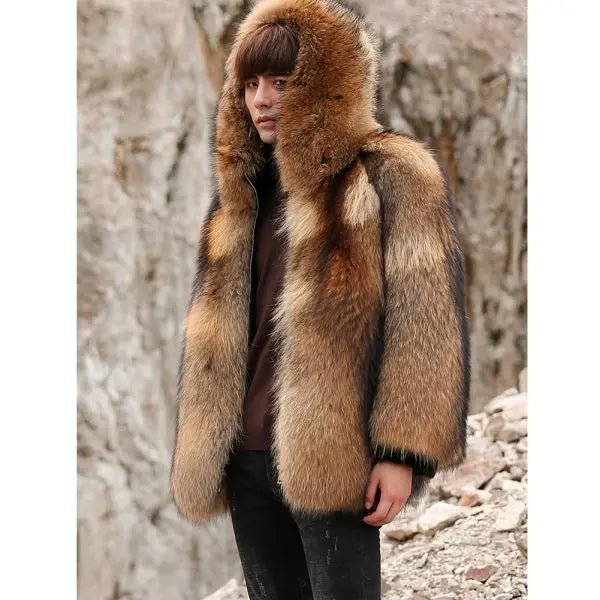 Men’s Luxury Golden Winter Fox Fur Hooded Short Coat Jacket