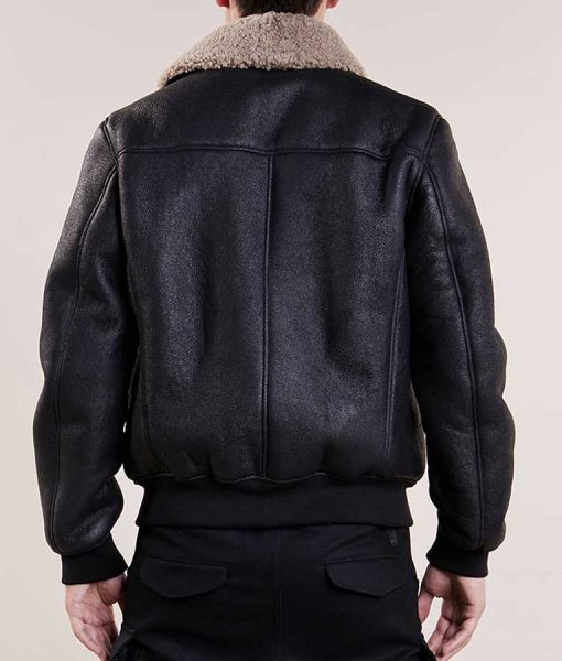 Mens Aviator Bomber Black Leather Jacket - Shearling leather