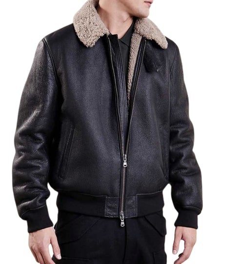 Mens Aviator Bomber Black Leather Jacket - Shearling leather