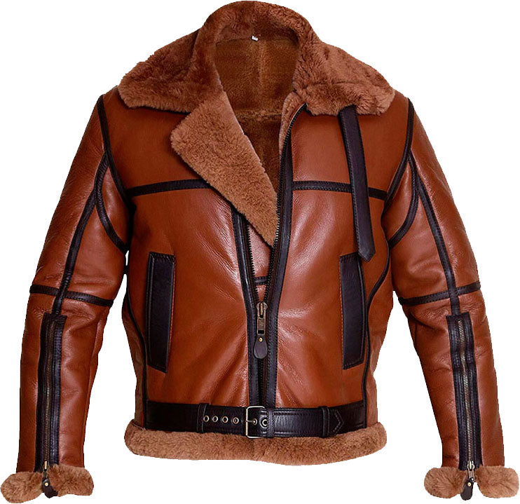 Mens Aviator Bomber Leather Jacket With Fur - Shearling leather