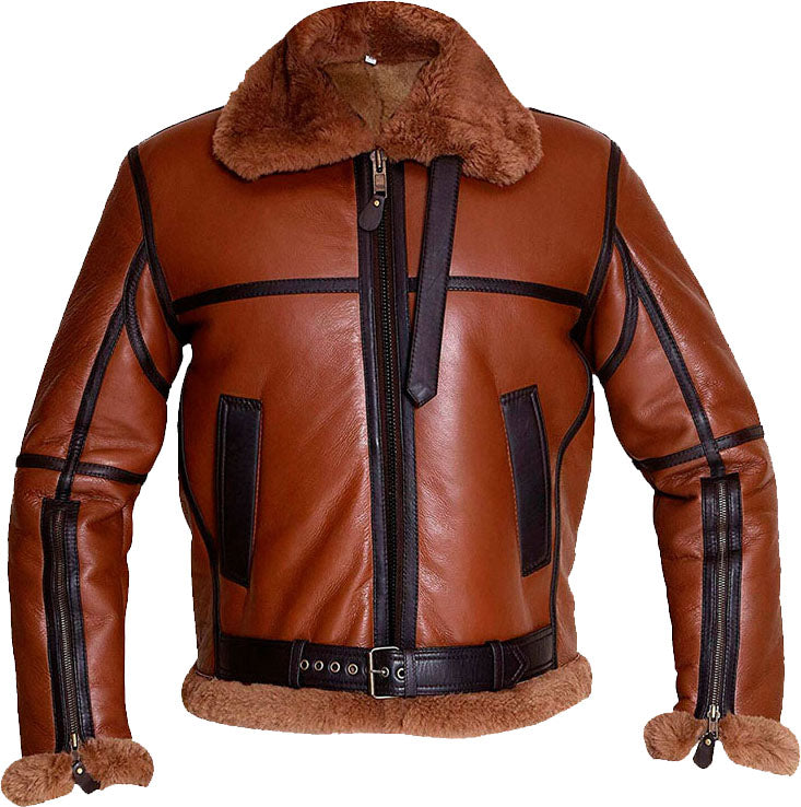 Mens Aviator Bomber Leather Jacket With Fur - Shearling leather