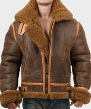 Load image into Gallery viewer, Mens Aviator Distressed Leather Shearling Jacket
