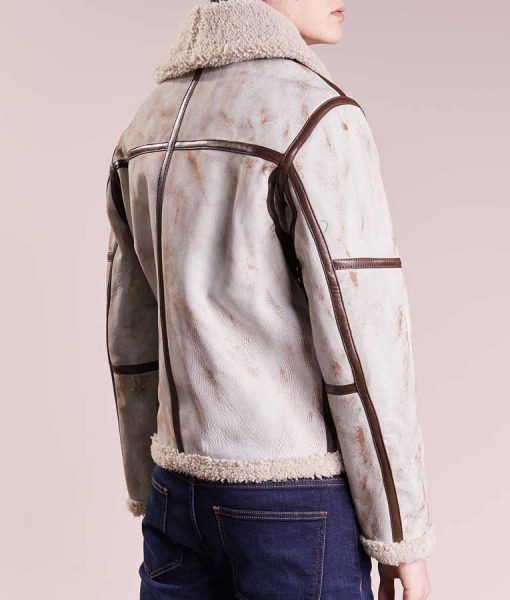 Mens Aviator Waxed White Leather Jacket - Shearling leather