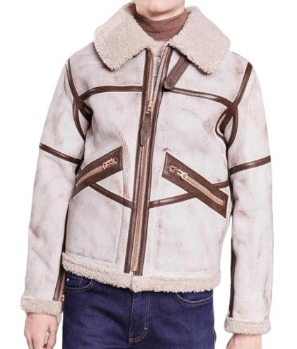 Mens Aviator Waxed White Leather Jacket - Shearling leather
