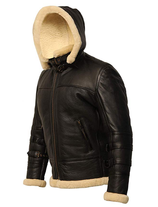 B3 Shearling Removable Hood Black Jacket - Shearling leather
