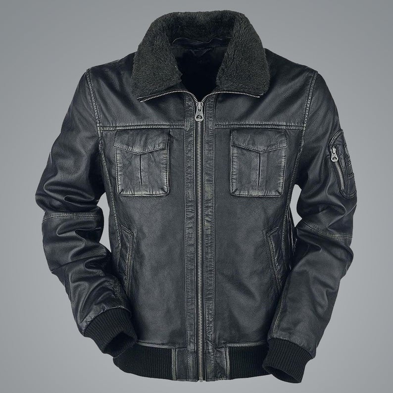 Mens Bike Racer Black Leather Jacket - Shearling leather