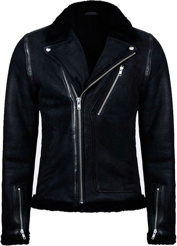 Mens Black Biker Leather Jacket With Fur - Shearling leather