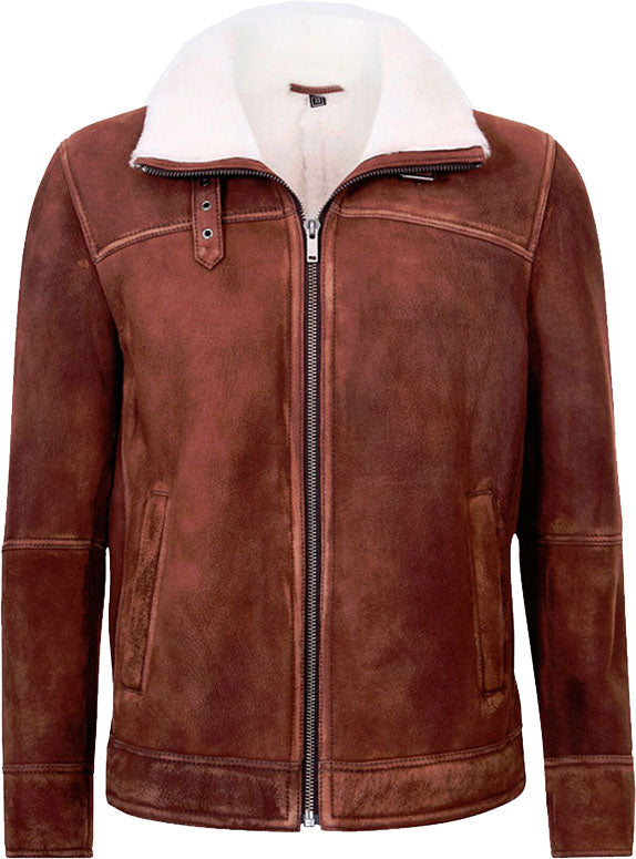 Mens Brown Cream Flying Leather Jacket With Fur - Shearling leather