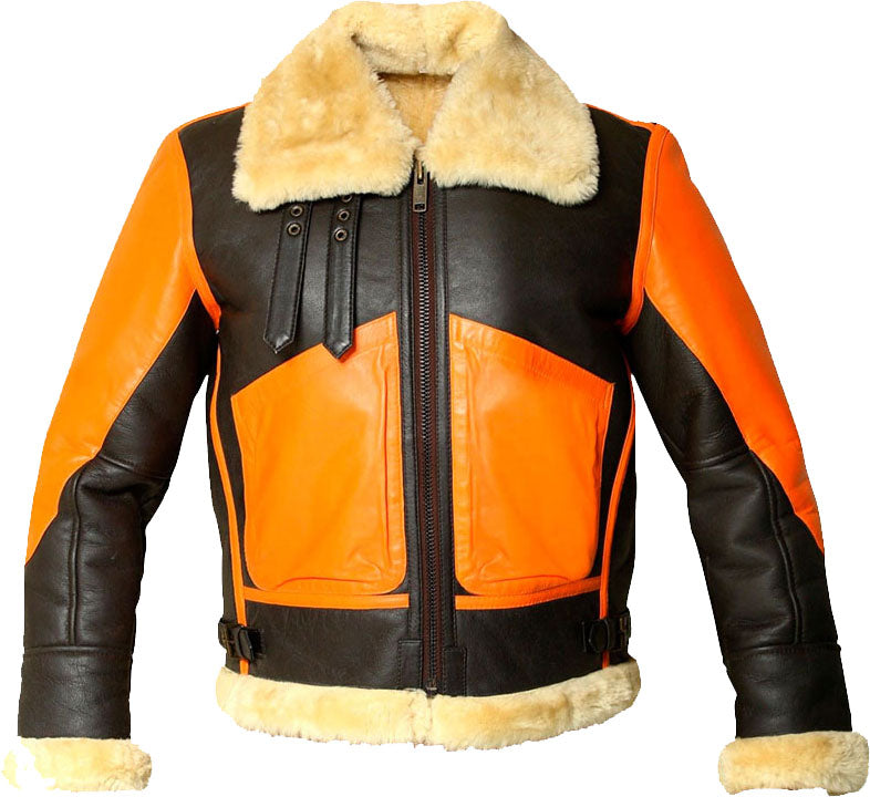 Mens Brown Real Bomber Leather Jacket With Fur - Shearling leather