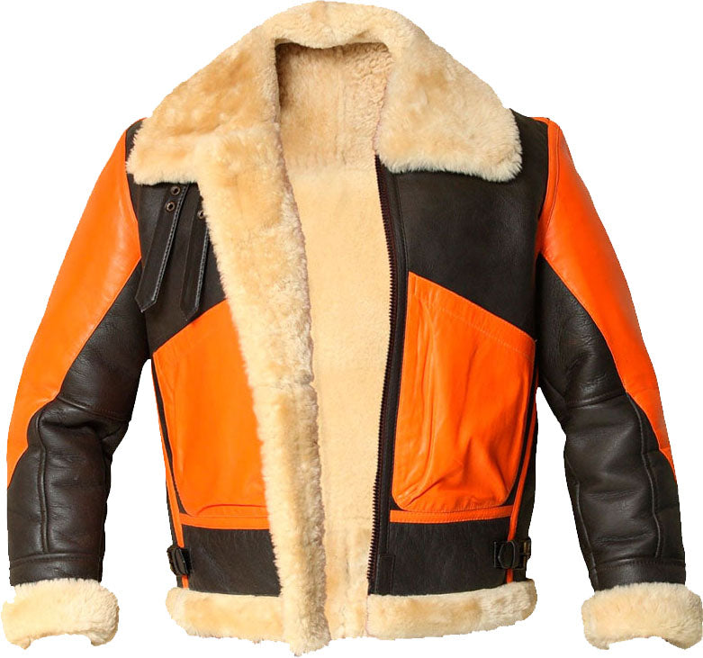 Mens Brown Real Bomber Leather Jacket With Fur - Shearling leather
