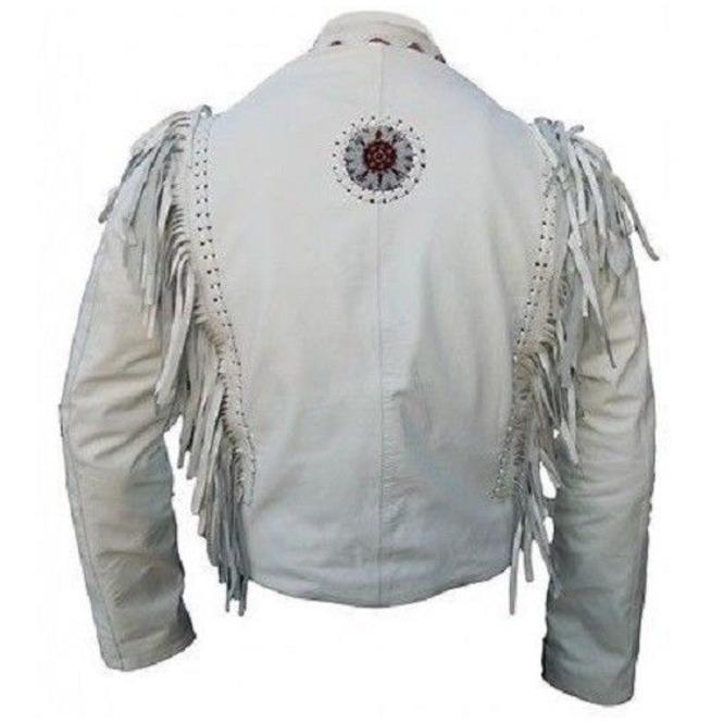 Men's Cowboy Leather Jacket Western Coat Fringes Beads White Jacket - Shearling leather