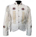 Men's Cowboy Leather Jacket Western Coat Fringes Beads White Jacket - Shearling leather