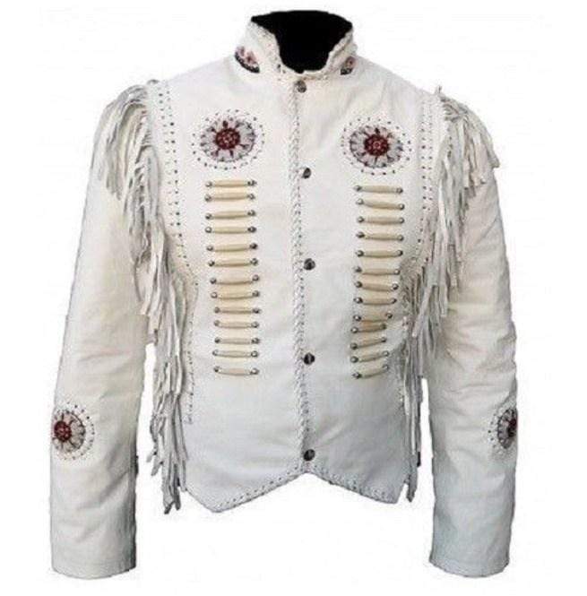 Men's Cowboy Leather Jacket Western Coat Fringes Beads White Jacket - Shearling leather