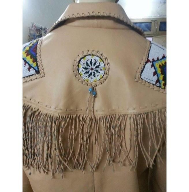 Men's Cowboy Leather Jacket Western Coat Fringes, Beige Color Cowboy Jacket For Men - Shearling leather